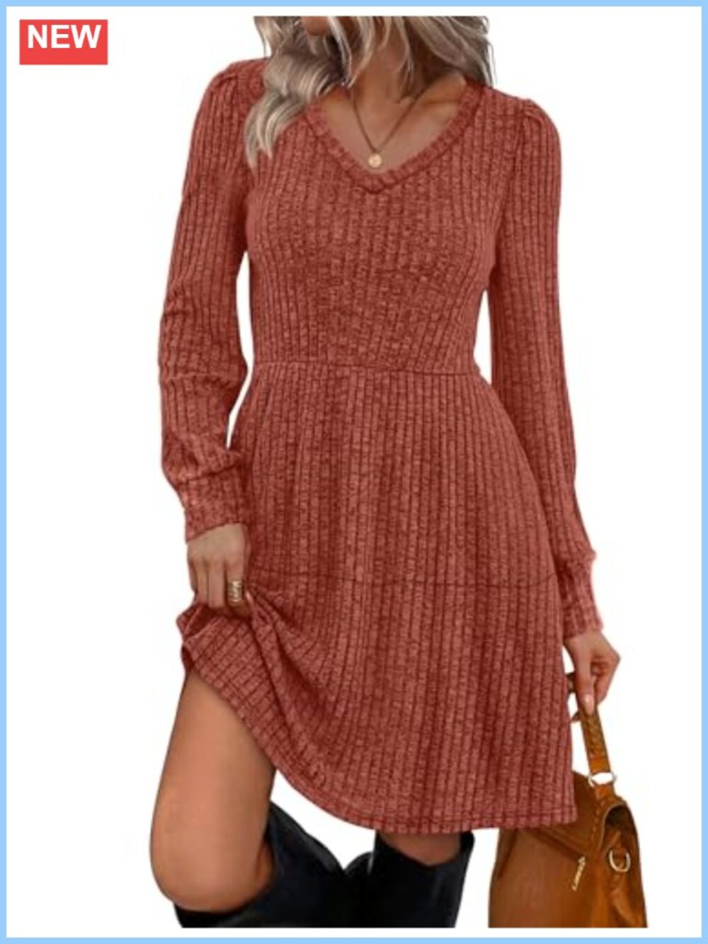 Womens V Neck Long Sleeve Babydoll Sweater Dress Thin Knit Casual